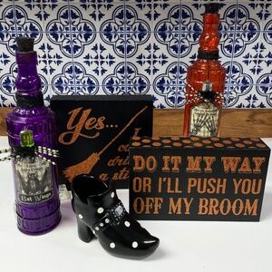 Halloween Decor Lot 5 Piece Light Up Bottles Plaques Witch Shoe Candle Holder